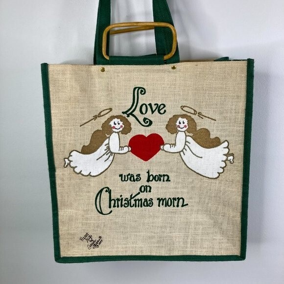 Vintage Handpainted Burlap Bag Christmas Angels Artist Signed Teresa Thibault - Picture 3 of 14